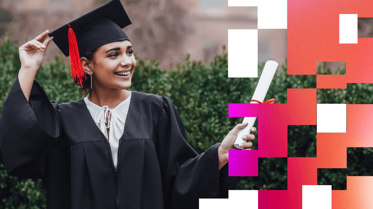 An adult learner wearing graduation gown and cap, holding her college diploma.