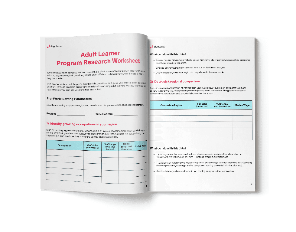 Adult Learner worksheet open to the title page