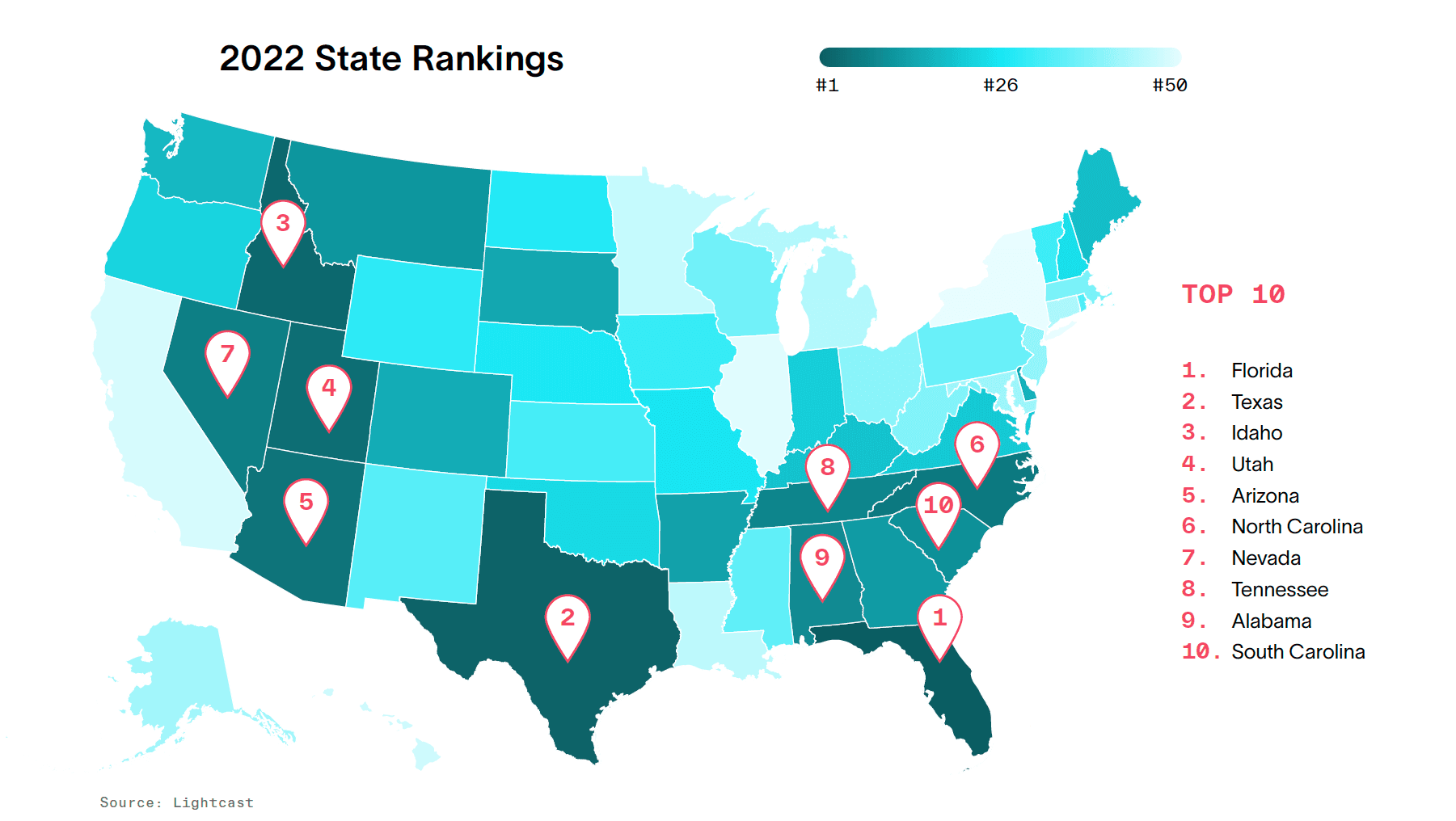 map of the US indicating the top 10 states for business