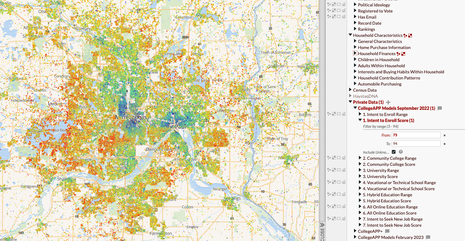 A map of high-intent prospects in the Minneapolis-St. Paul region Source: CollegeAPP+