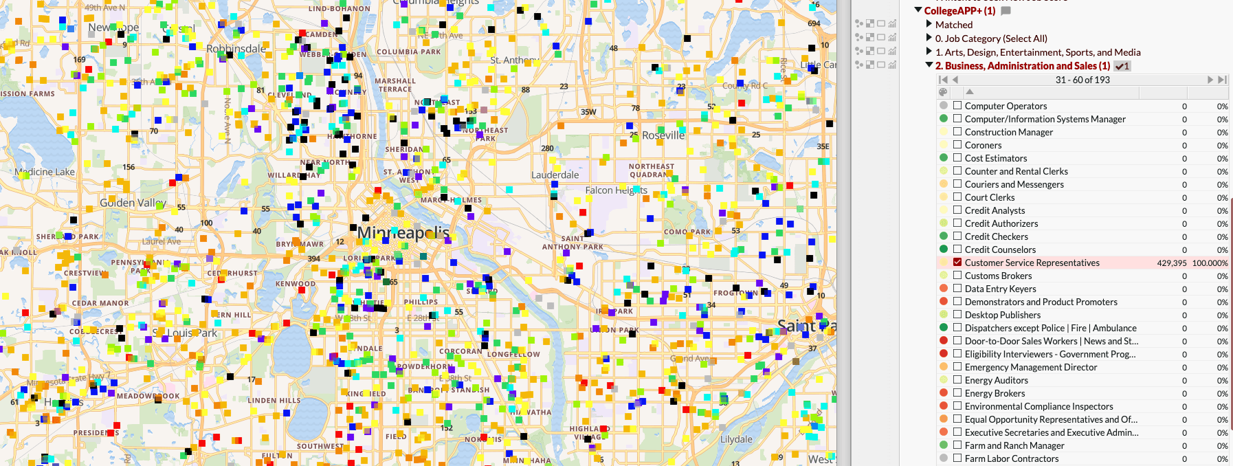 A map of individuals working as Customer Service Representatives in the Minneapolis-St. Paul region. Source: CollegeAPP+