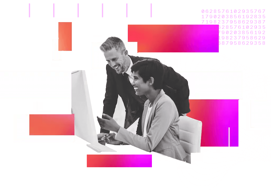 Two people talking near computer image