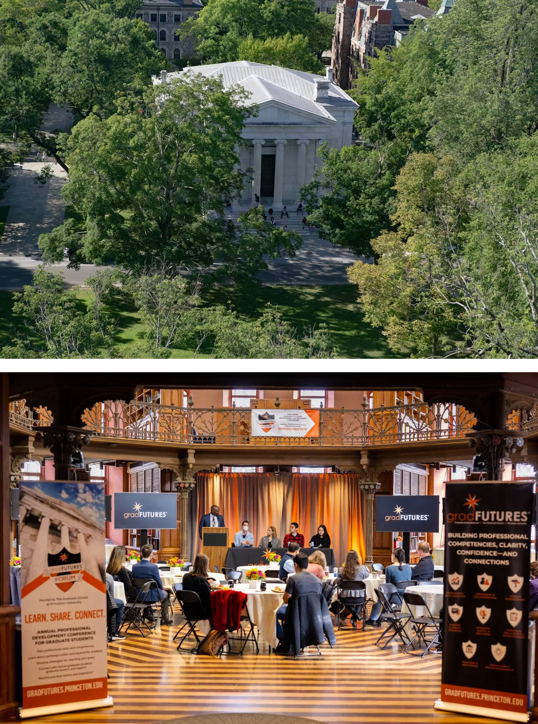 princeton university's clio hall and also an event sponsored by the graduate school; two images stacked on top of one another