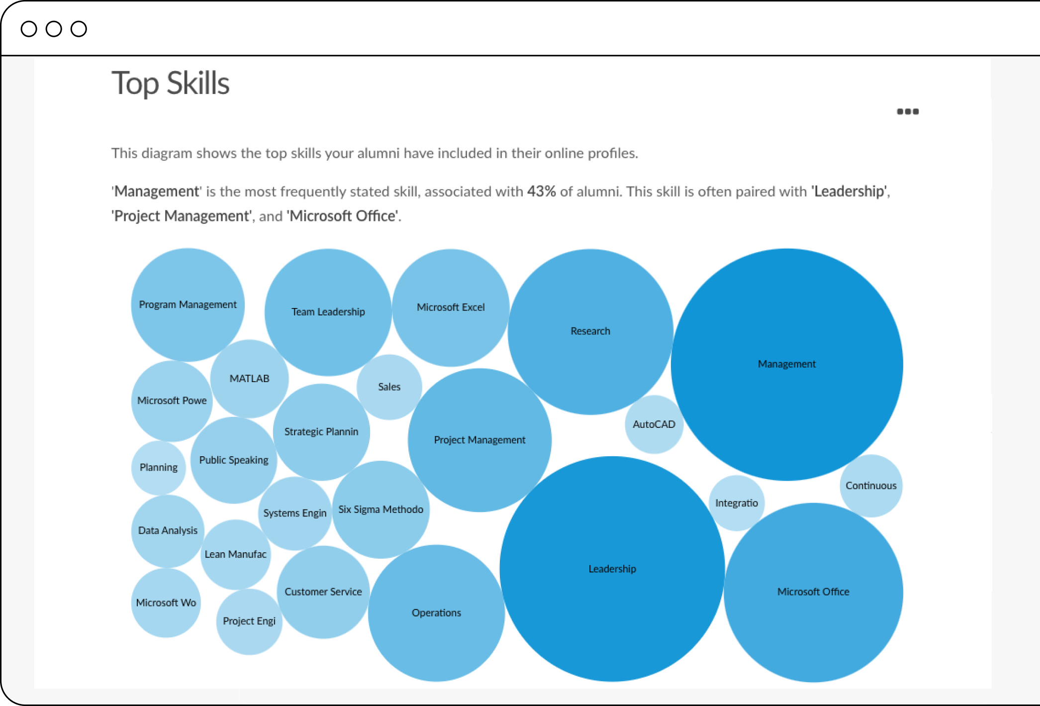 Alumni Pathways list of top alumni skills in bubbles w/ border