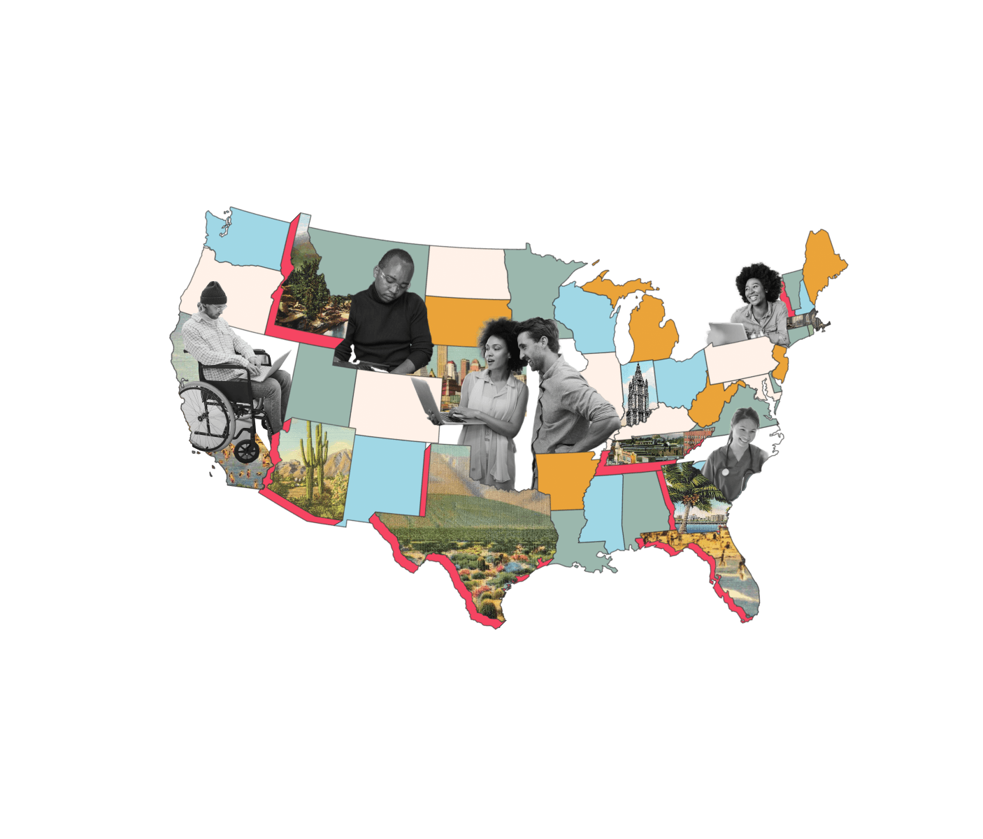 postcard map of USA with people