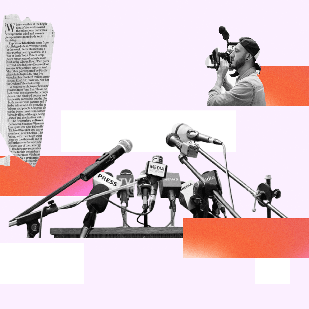 newspaper clippings microphones and a videographer collage