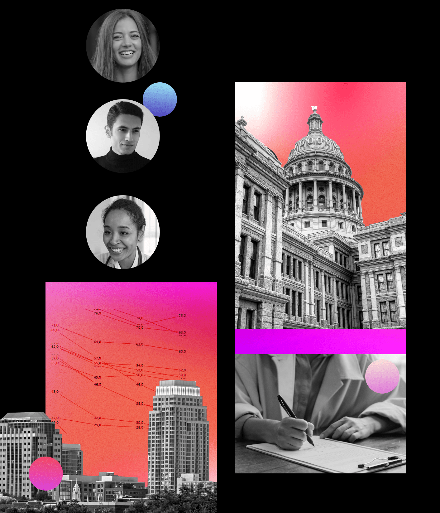 Collage of people, government buildings and data