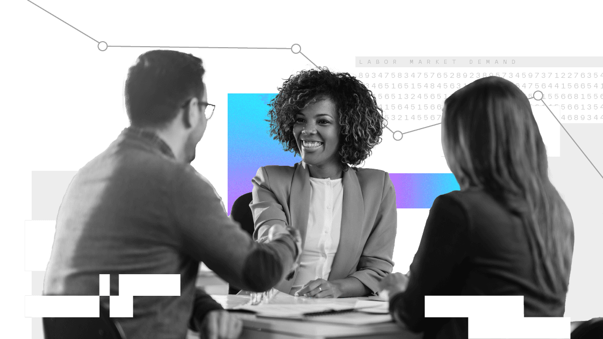 People shaking hands in black and white photo with colored bars