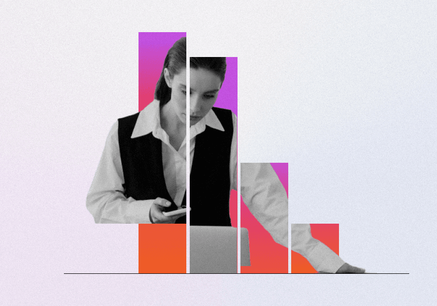 collage image with woman and bar chart
