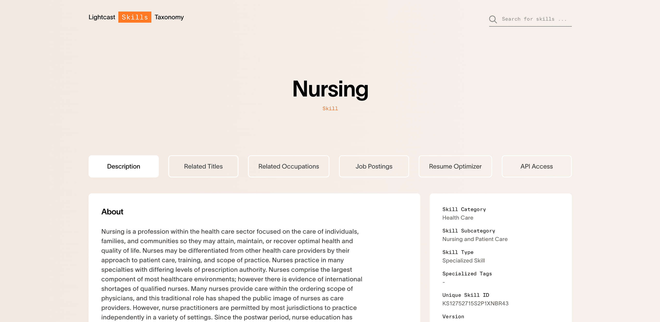 the Nursing skill in the Lightcast Skills Taxonomy