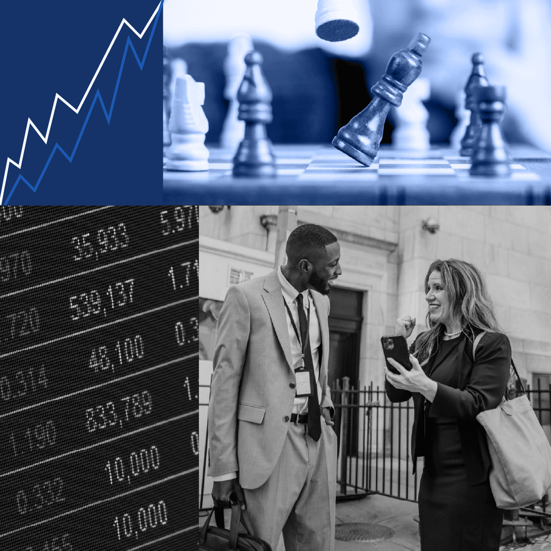 business people and chess pieces and stock ticker