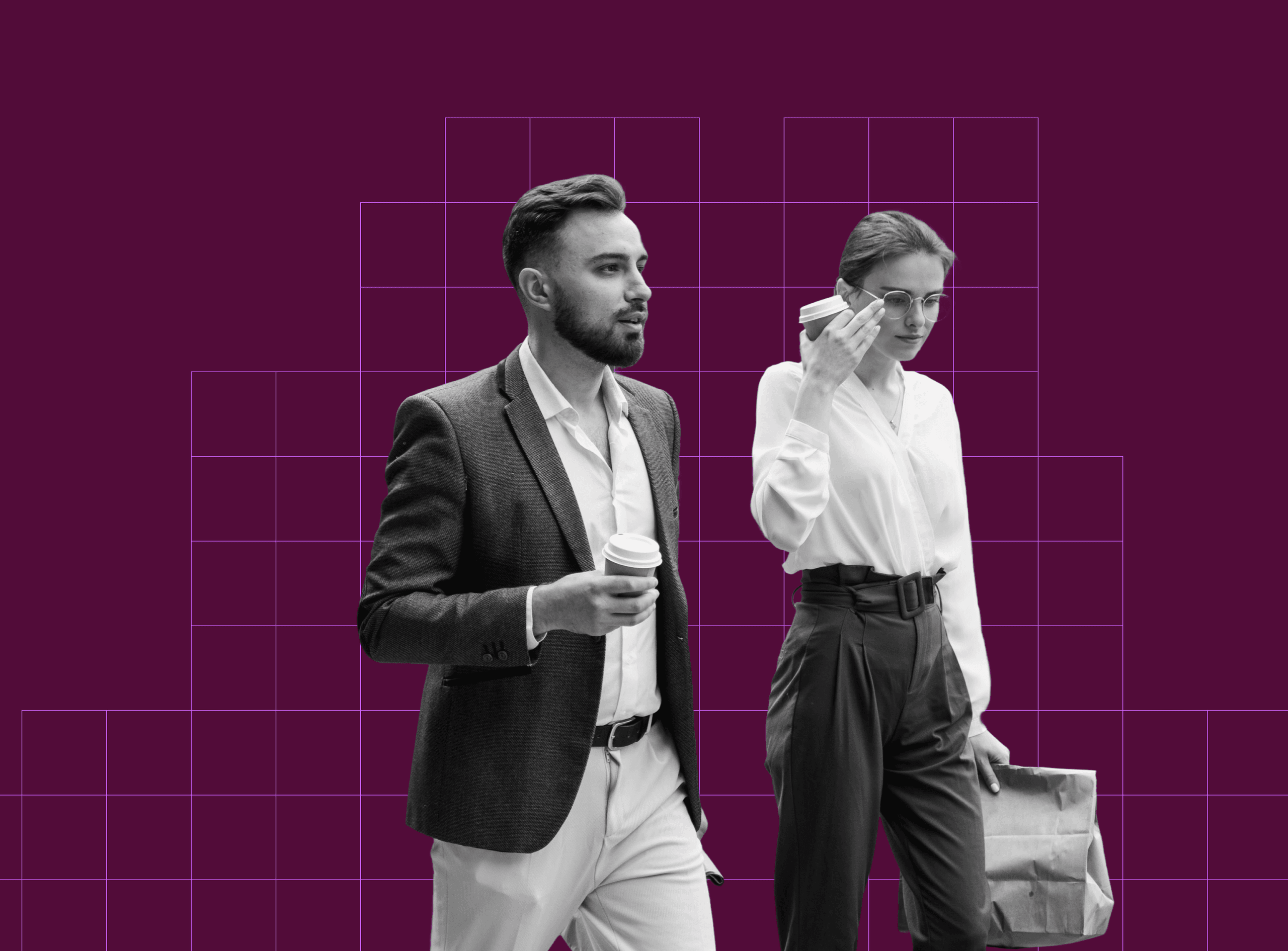 business man and woman walking with coffee
