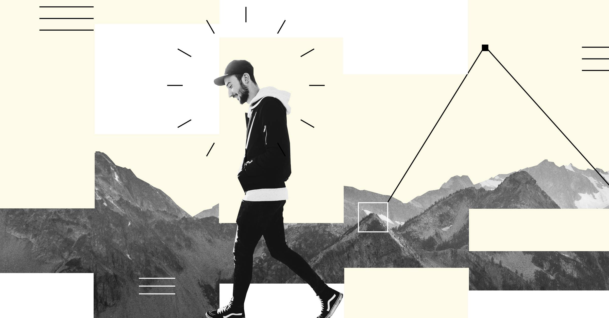 graphic of man walking in front of mountains