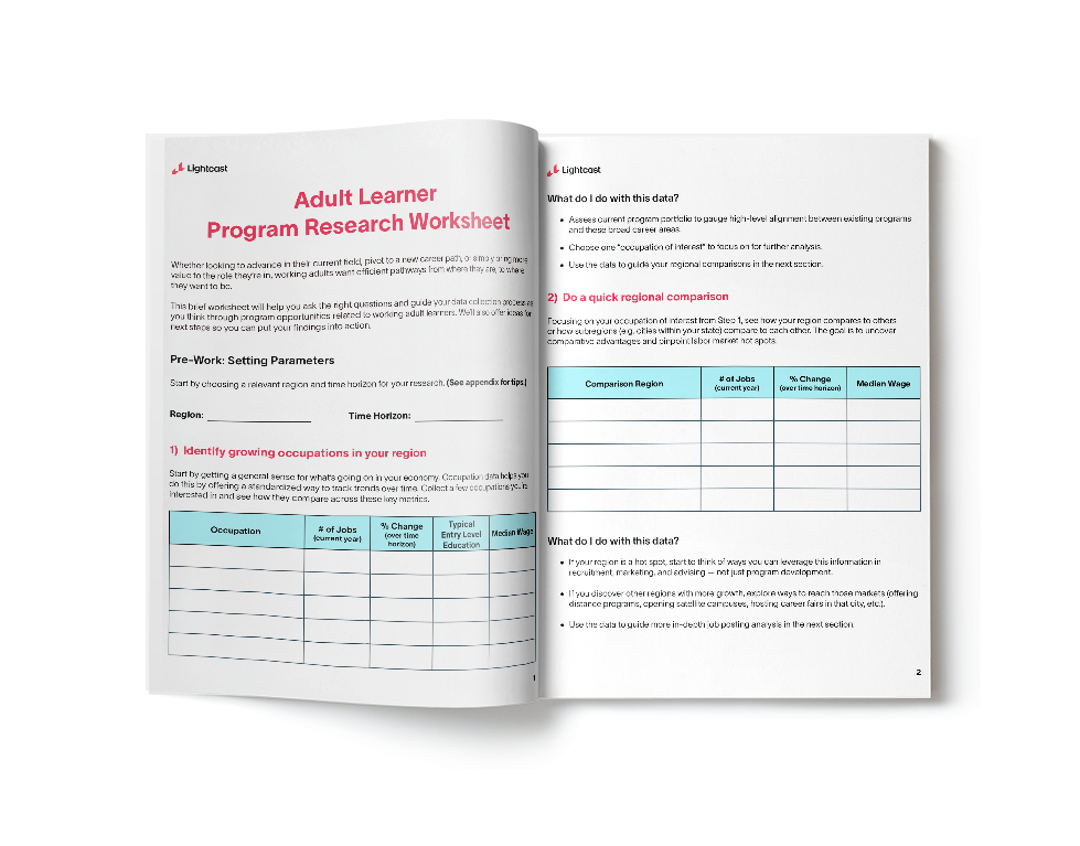 Adult Learner worksheet open to the title page