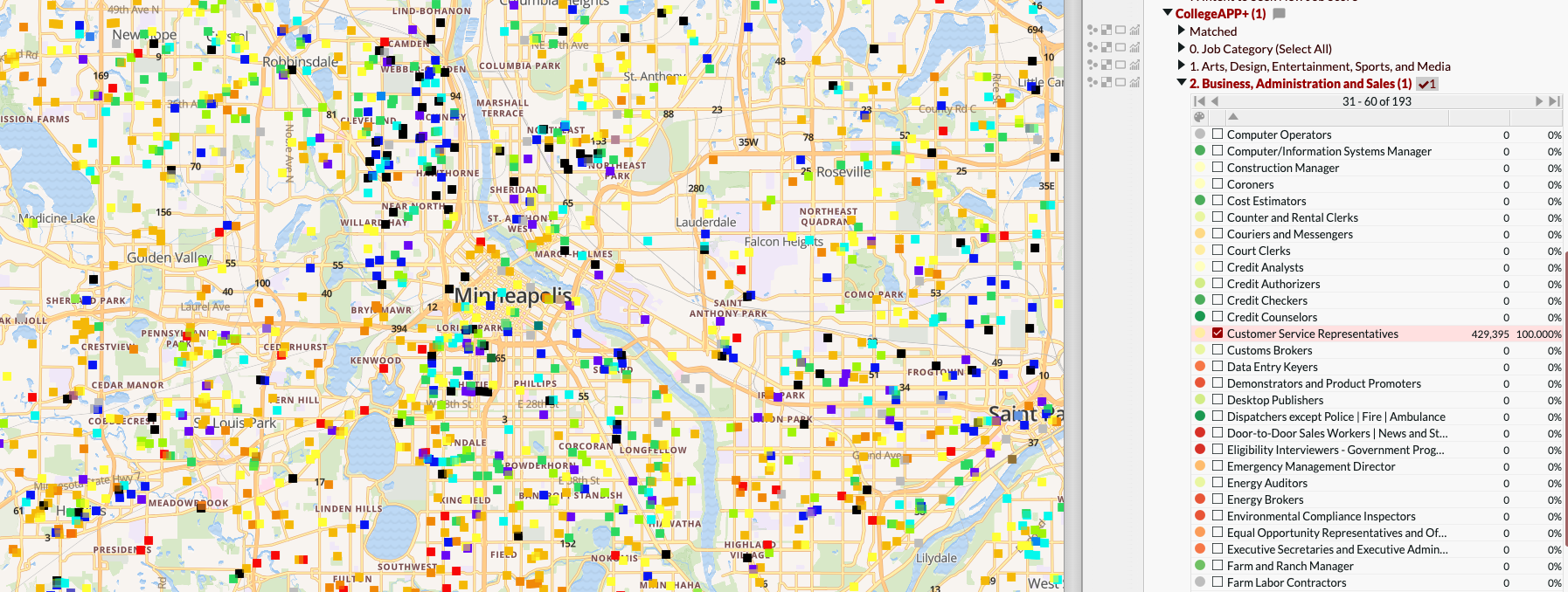 A map of individuals working as Customer Service Representatives in the Minneapolis-St. Paul region. Source: CollegeAPP+