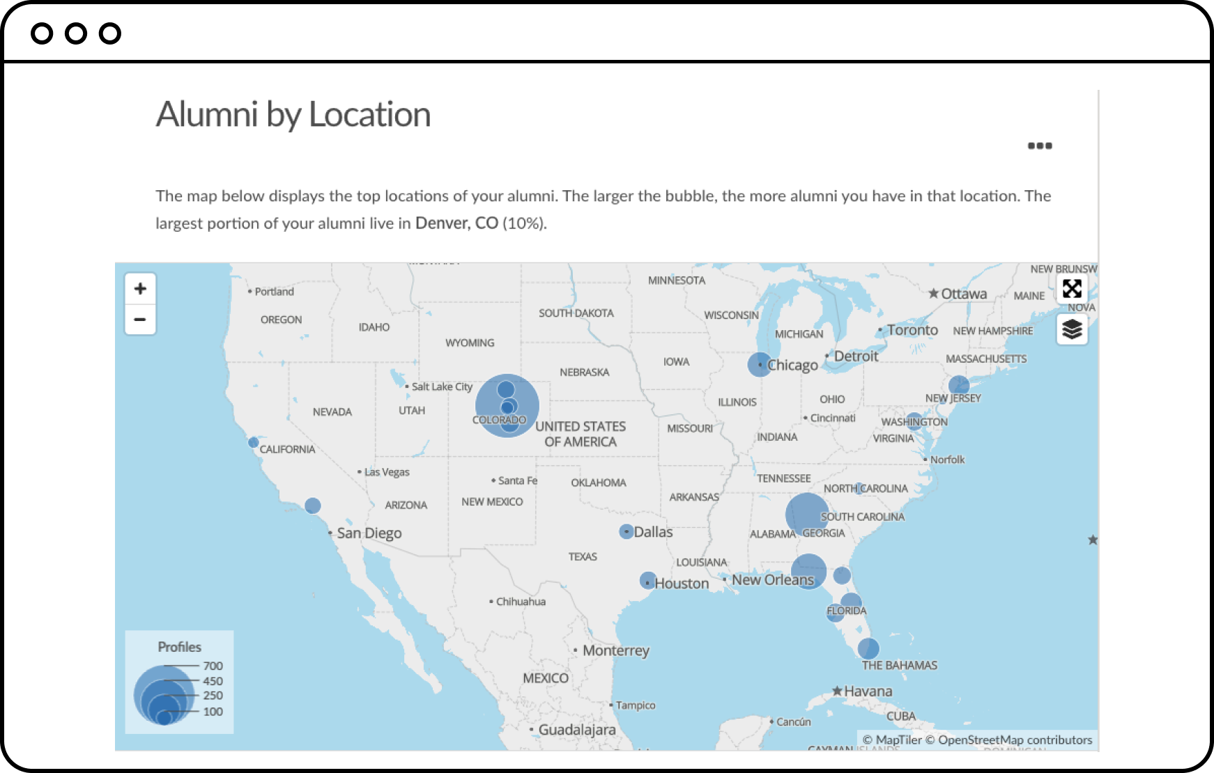 alumni location map within the alumni pathways software
