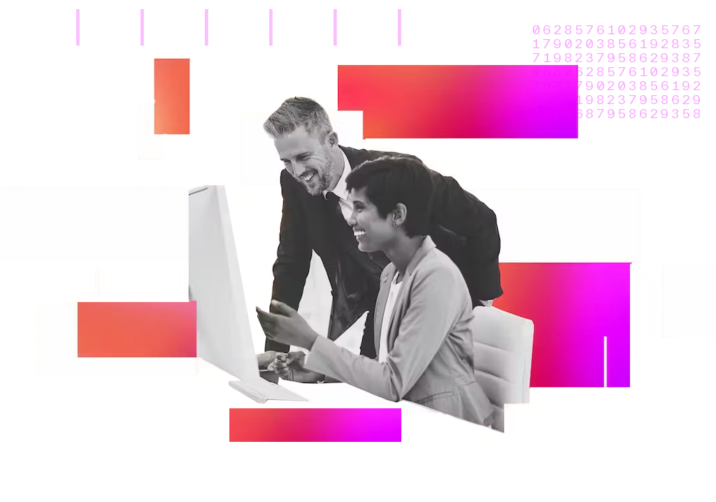 Two people talking near computer image