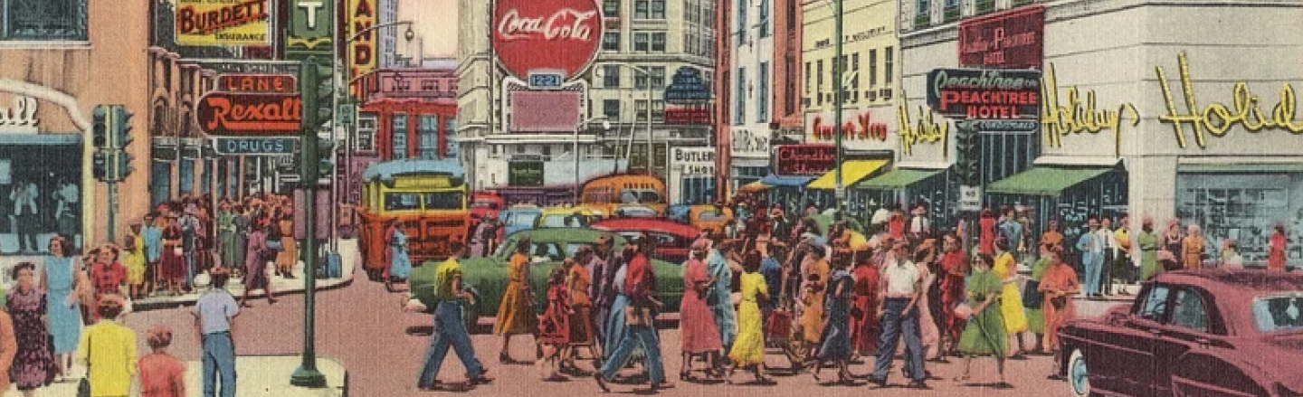 retro postcard city street