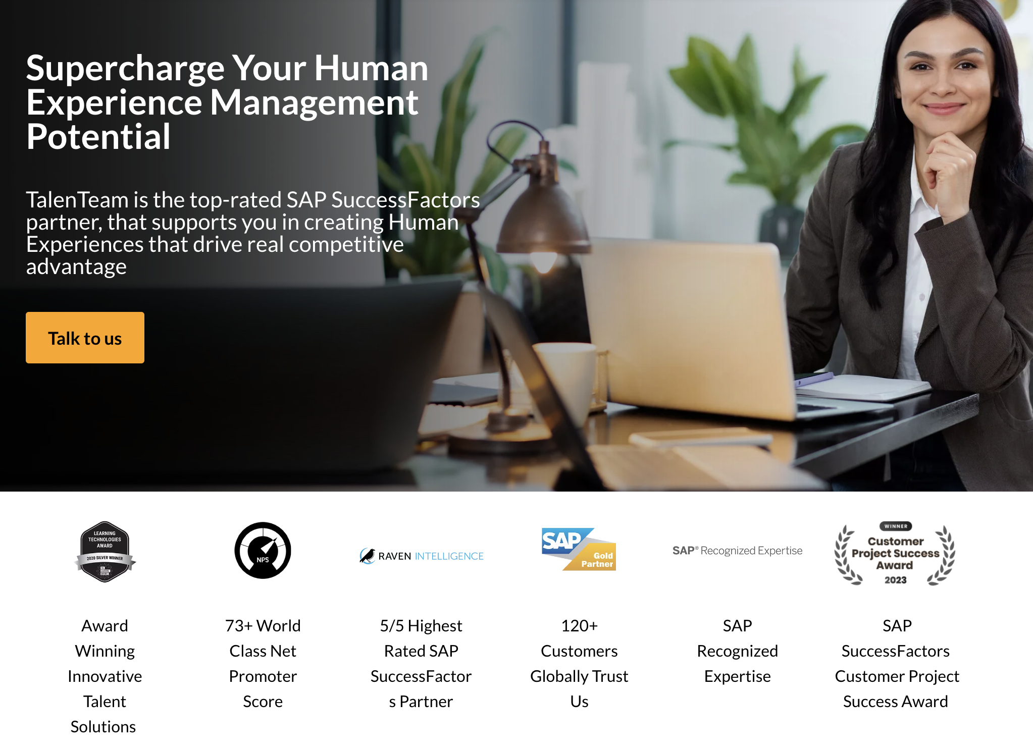 Screenshot of the talenteam website. Supercharge your human experience management potential. Photo of a woman on computer