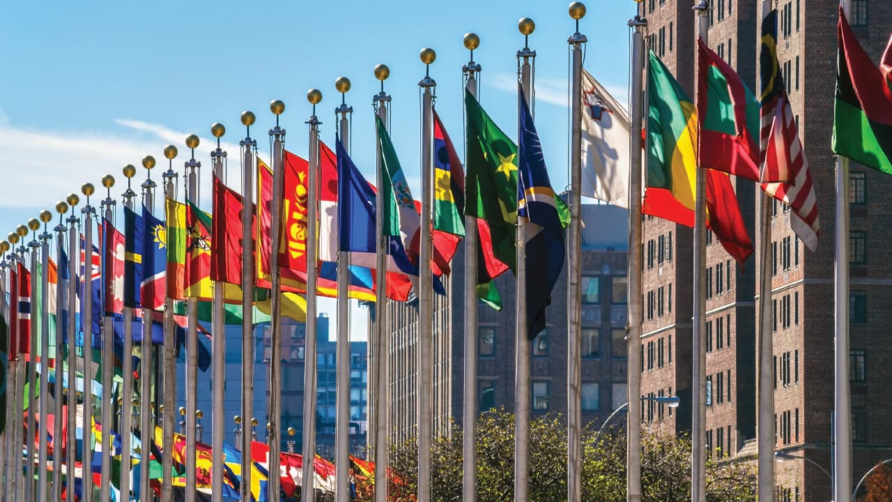 United Nations flags NYC buildings in background